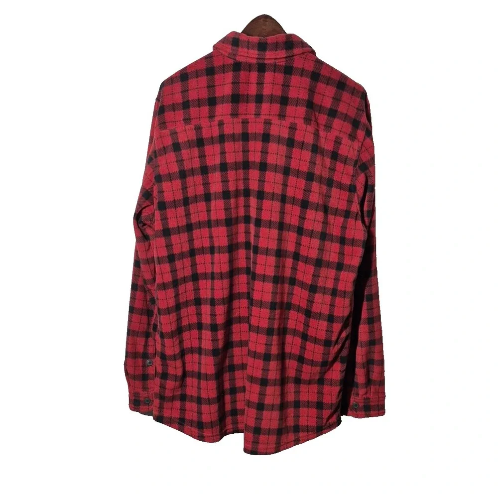 Eddie Bauer Shirt Mens Tall‎ XL Red Black Plaid Fleece Button Front Long Sleeve